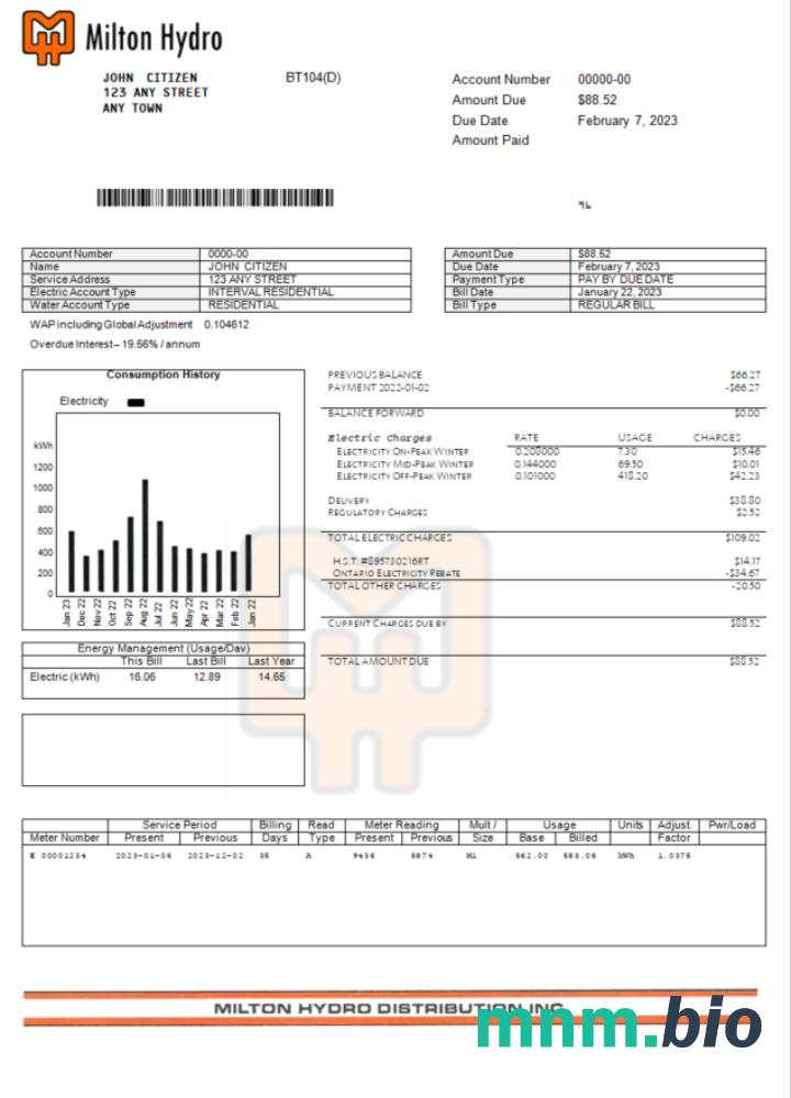 Canada Milton Hydro rachunek za prąd Word i PDF template